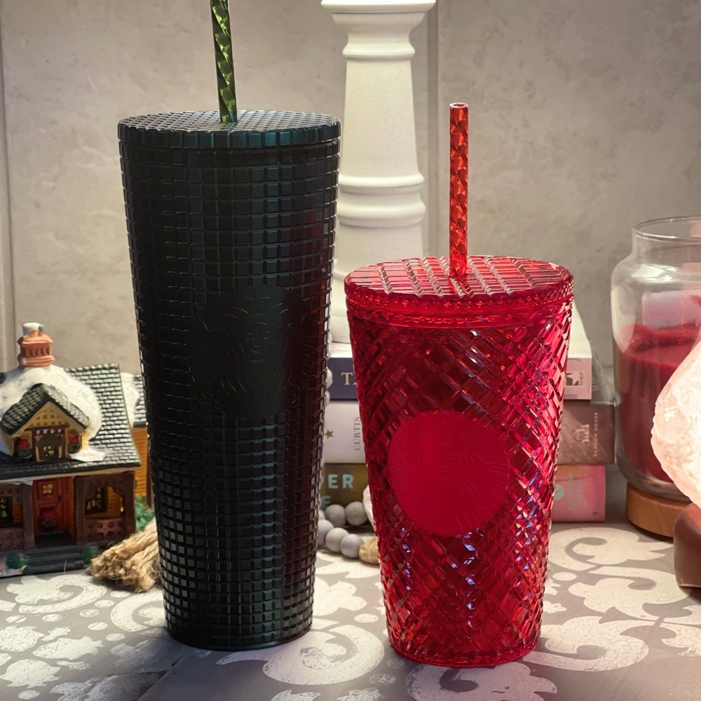 Two 2021 Starbucks tumblers. 1 green 24oz and 1 red 16oz. brand new